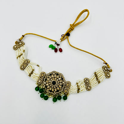 Antique Gold-Plated Kundan & Bead Necklace Set with Earrings & Maang Tikka