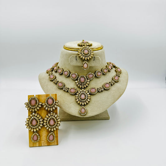 Antique Gold-Plated Pink Stone Bridal Jewelry Set with Earrings, Maang Tikka & Necklace