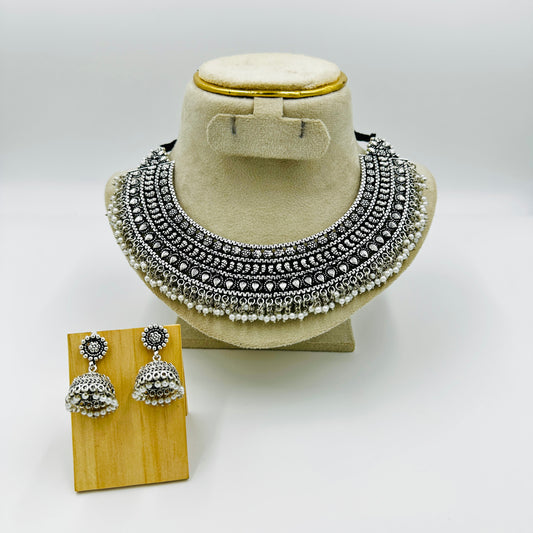 Heavy Oxidized Silver Choker Necklace Set with Jhumka Earrings