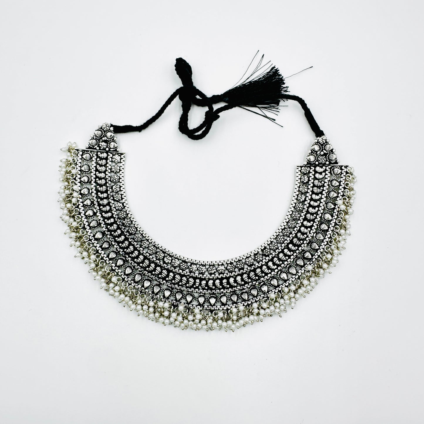 Heavy Oxidized Silver Choker Necklace Set with Jhumka Earrings