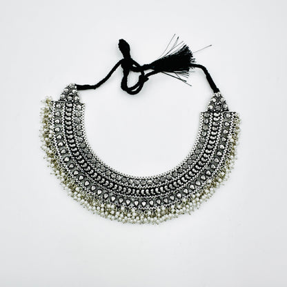 Heavy Oxidized Silver Choker Necklace Set with Jhumka Earrings