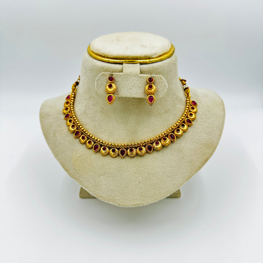 Antique Gold-Plated Ruby Red Stone Necklace Set with Earrings