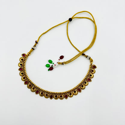 Antique Gold-Plated Ruby Red Stone Necklace Set with Earrings