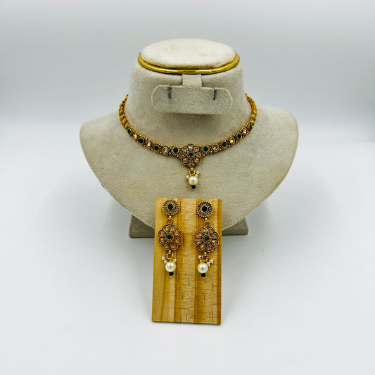 Traditional Gold-Plated Green Stone Necklace Set with Matching Earrings