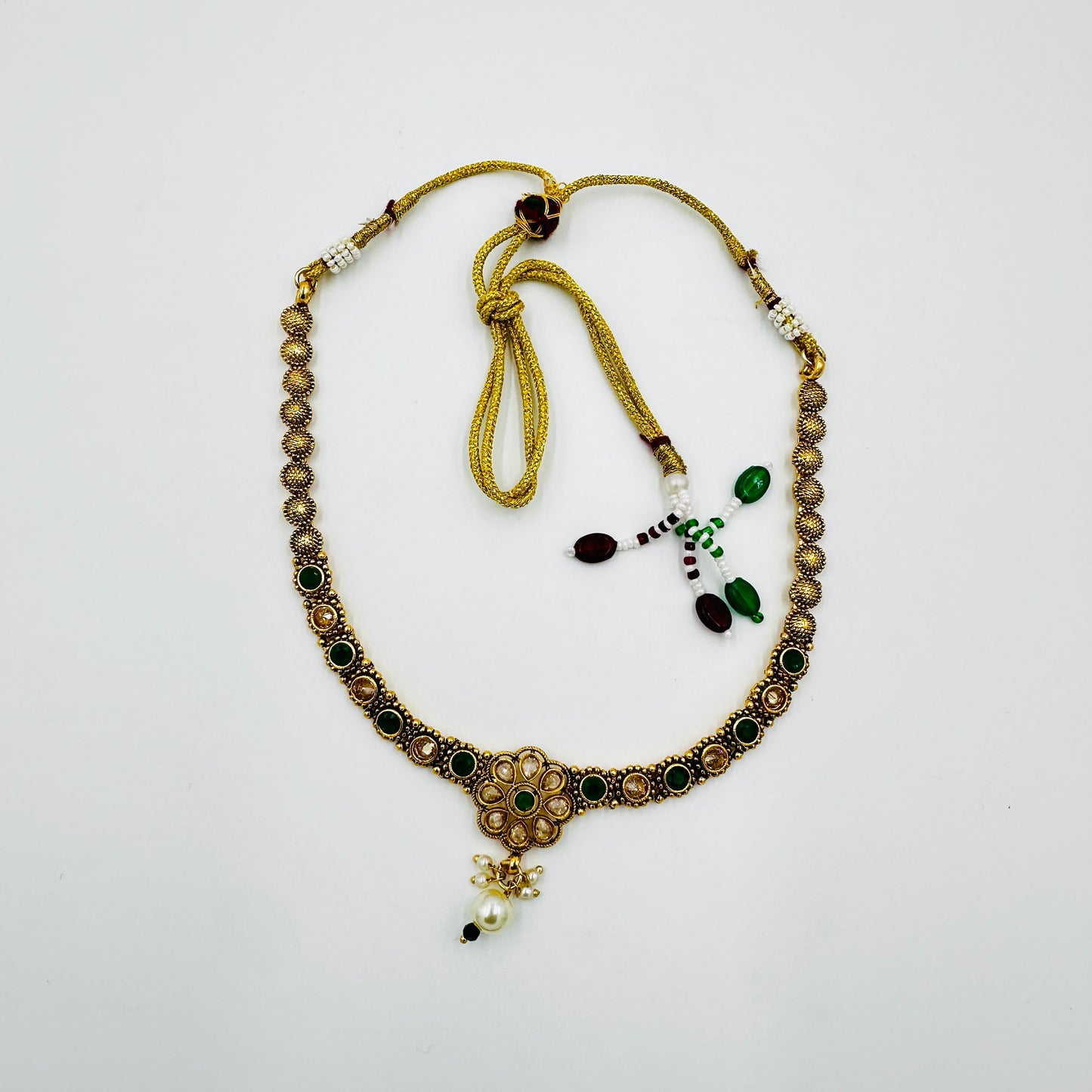 Traditional Gold-Plated Green Stone Necklace Set with Matching Earrings