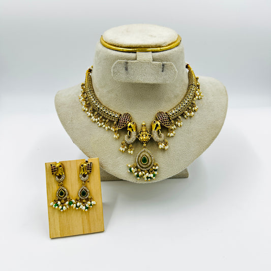 Antique Temple Design Lakshmi Necklace Set with Peacock Motif & Earrings