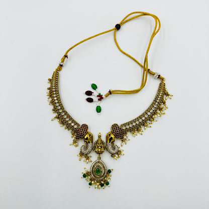 Antique Temple Design Lakshmi Necklace Set with Peacock Motif & Earrings