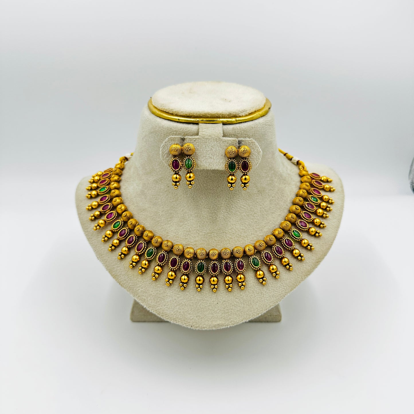 Traditional Gold-Plated Necklace Set with Red & Green Stones and Matching Earrings