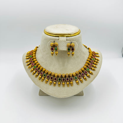 Traditional Gold-Plated Necklace Set with Red & Green Stones and Matching Earrings