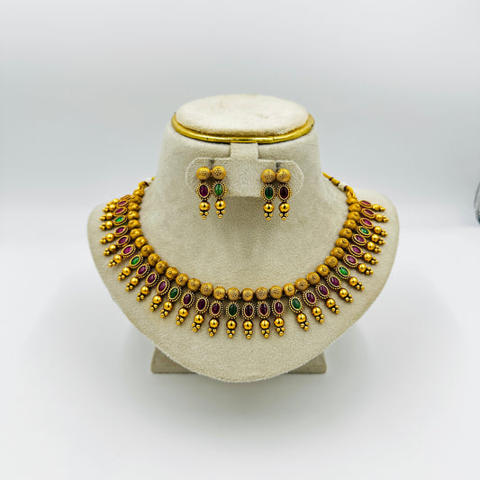 Traditional Gold-Plated Necklace Set with Red & Green Stones and Matching Earrings