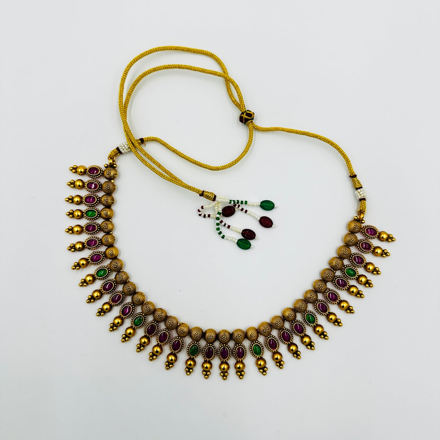 Traditional Gold-Plated Necklace Set with Red & Green Stones and Matching Earrings
