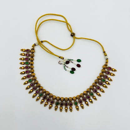 Traditional Gold-Plated Necklace Set with Red & Green Stones and Matching Earrings