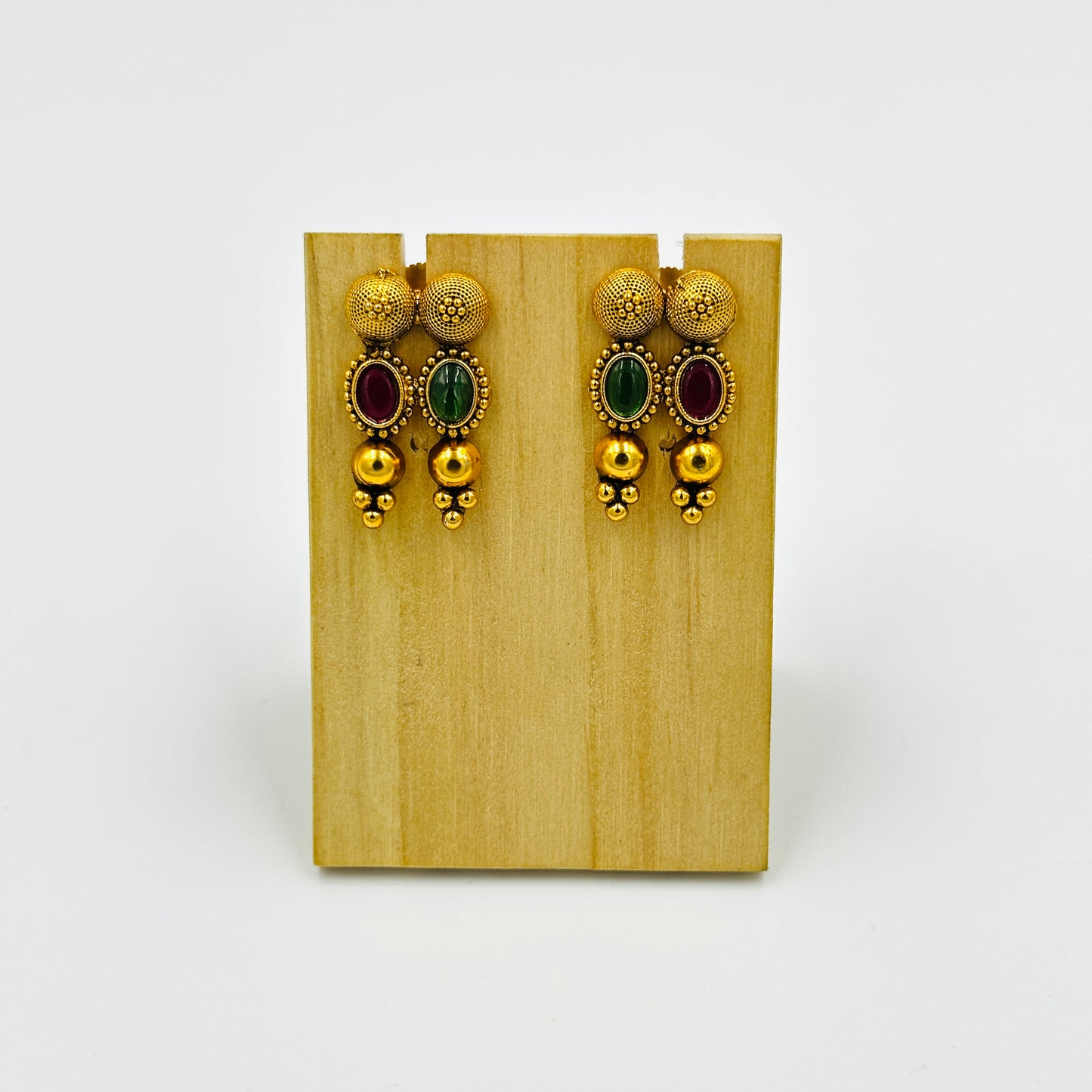 Traditional Gold-Plated Necklace Set with Red & Green Stones and Matching Earrings