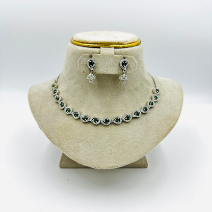 Elegant Green Stone Silver Necklace Set with Earrings