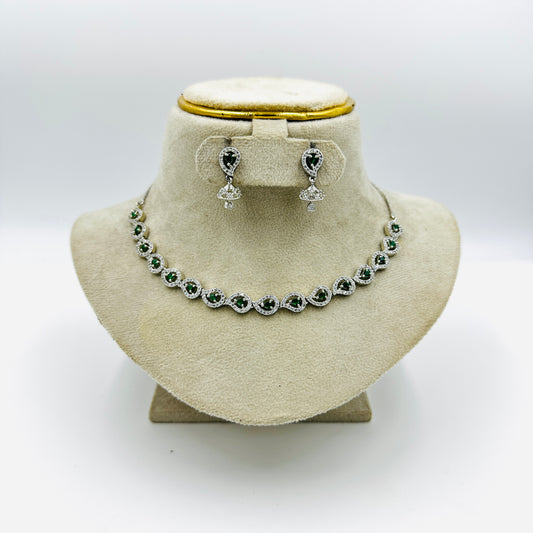 Elegant Green Stone Silver Necklace Set with Earrings