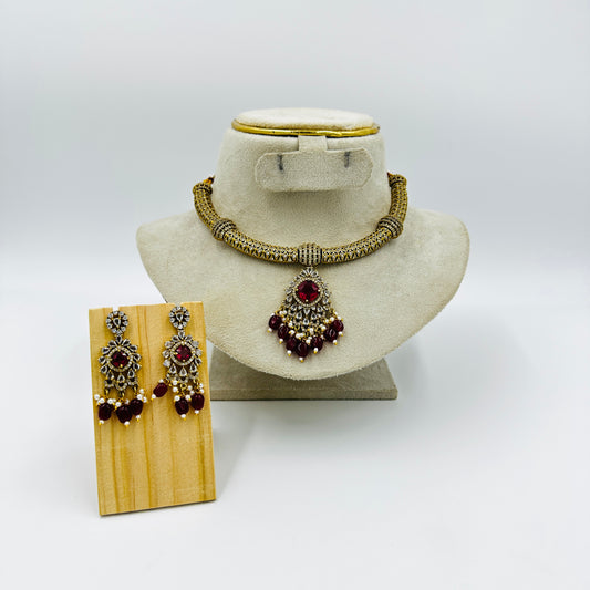 Royal Red Stone Choker Necklace Set with Matching Earrings