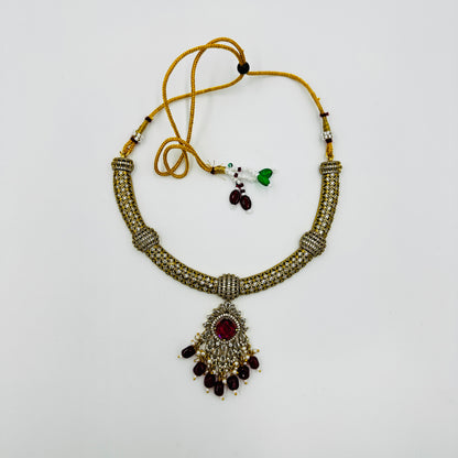 Royal Red Stone Choker Necklace Set with Matching Earrings