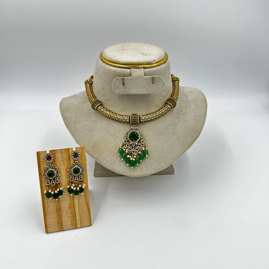 Green Stone Choker Necklace Set with Earrings – Ethnic Bridal Jewelry