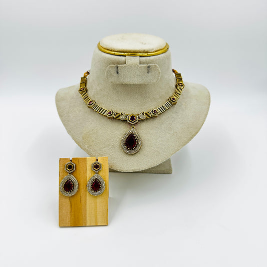 Red Stone Drop Choker Necklace Set with Earrings