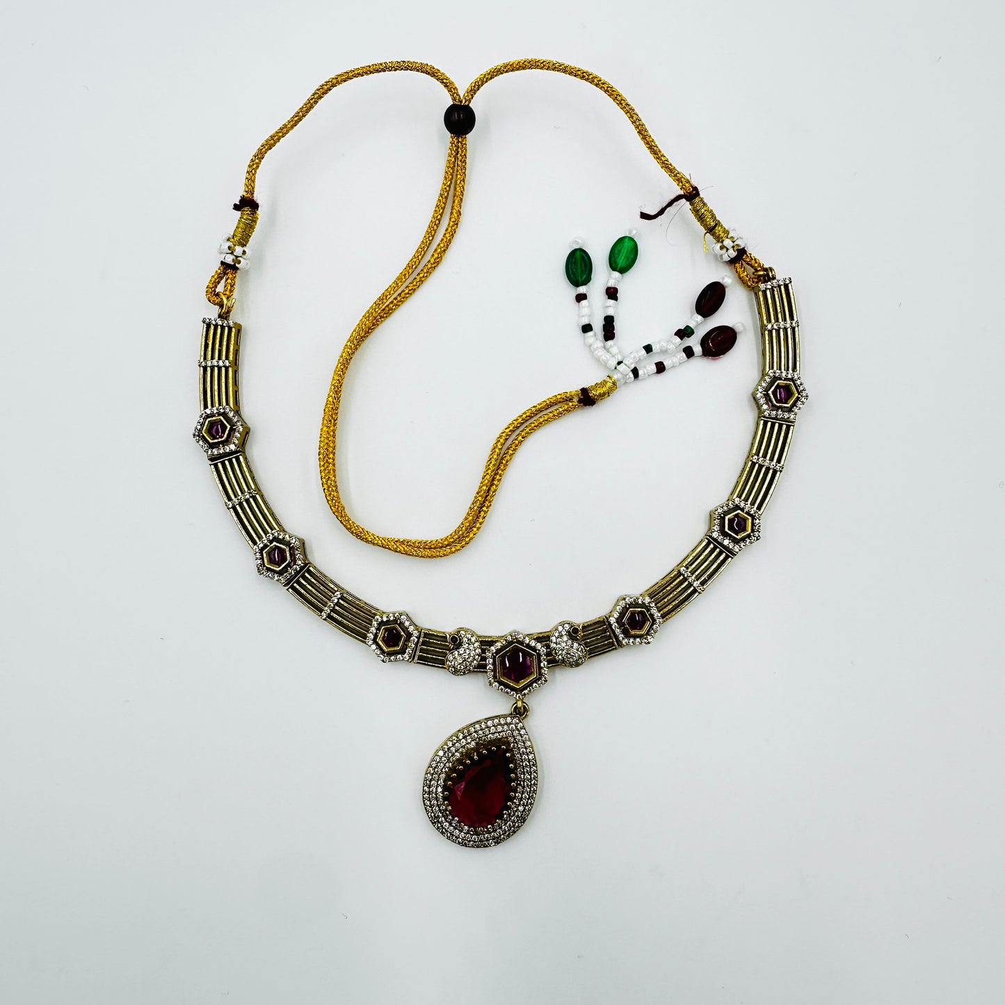 Red Stone Drop Choker Necklace Set with Earrings