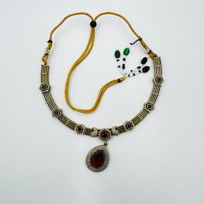 Red Stone Drop Choker Necklace Set with Earrings