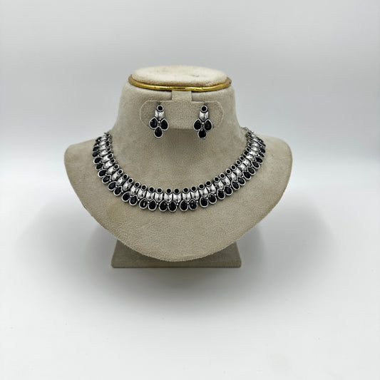 Elegant Black Stone Oxidized Necklace Set with Earrings – Traditional Choker Jewelry