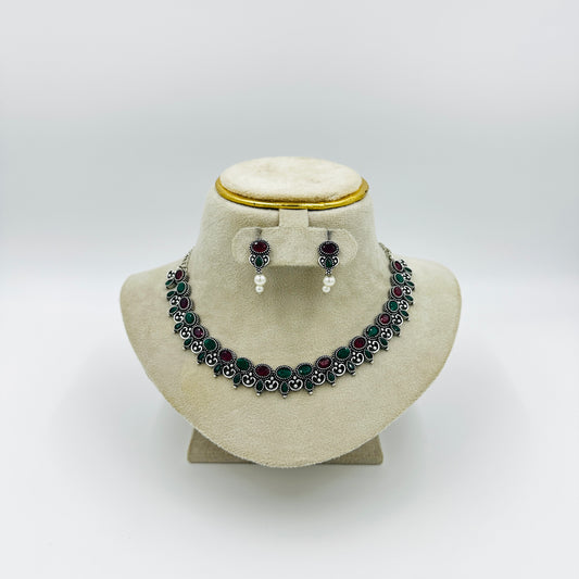 Oxidized Silver Red & Green Stone Choker Necklace Set with Earrings