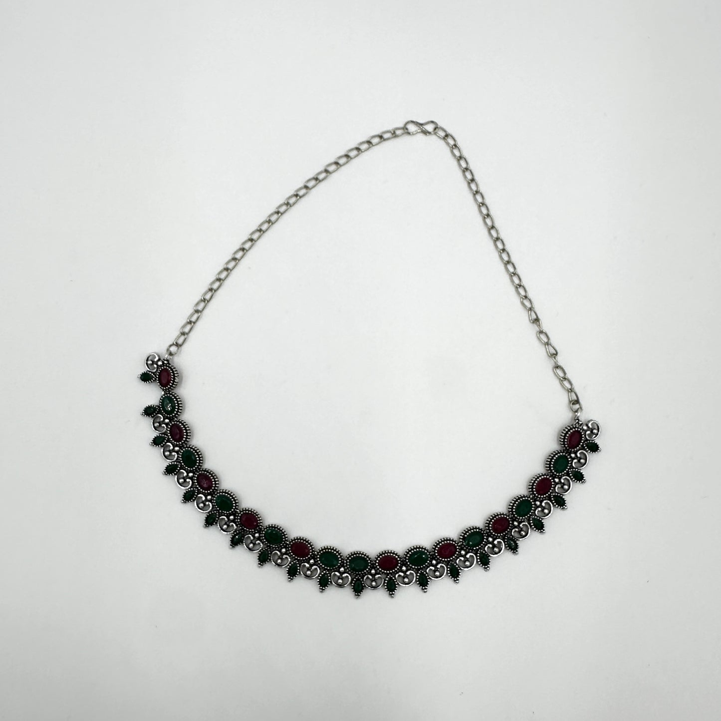 Oxidized Silver Red & Green Stone Choker Necklace Set with Earrings