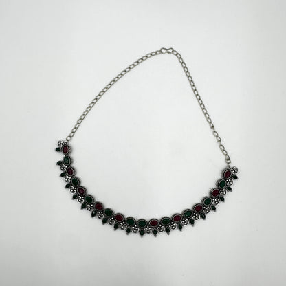 Oxidized Silver Red & Green Stone Choker Necklace Set with Earrings