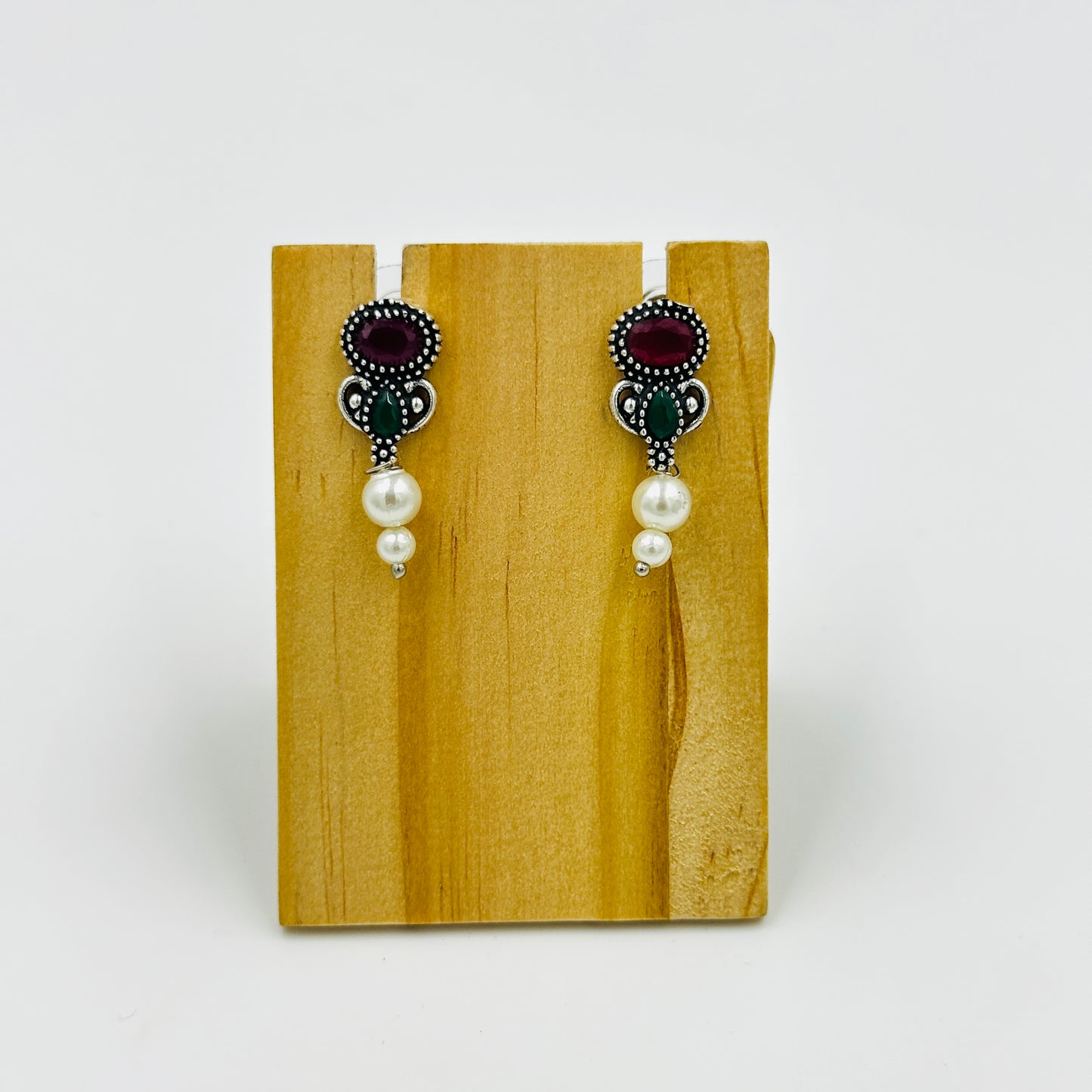 Oxidized Silver Red & Green Stone Choker Necklace Set with Earrings