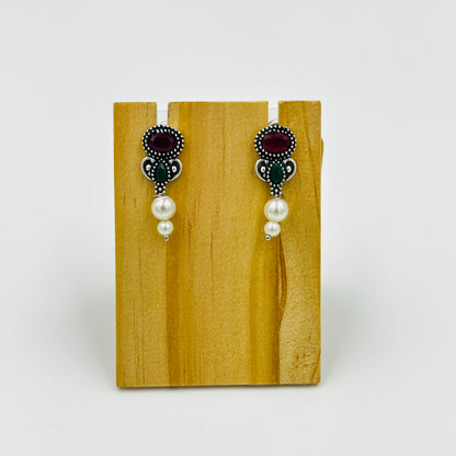 Oxidized Silver Red & Green Stone Choker Necklace Set with Earrings