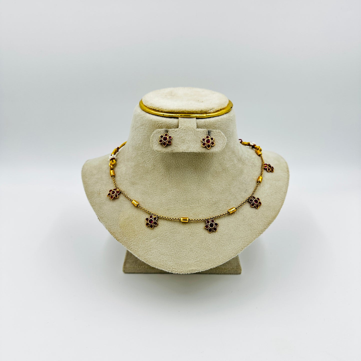 Floral Ruby Red Enamel Necklace Set with Earrings