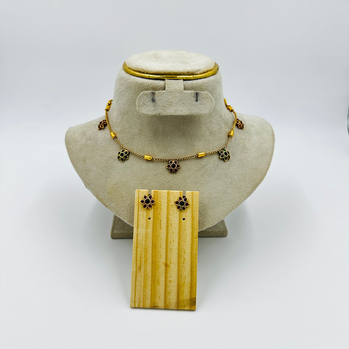 Floral Design Gold-Plated Necklace Set with Matching Earrings – Red & Green Stones