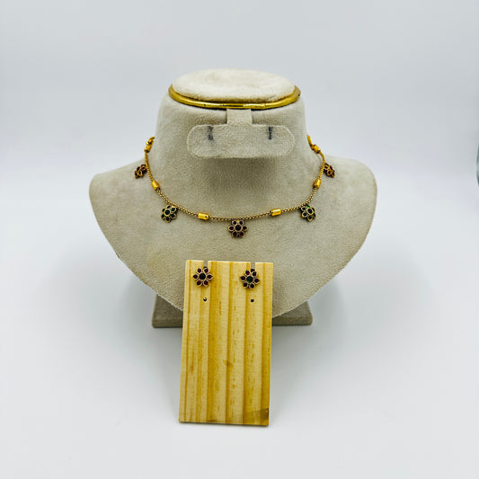 Floral Design Gold-Plated Necklace Set with Matching Earrings – Red & Green Stones