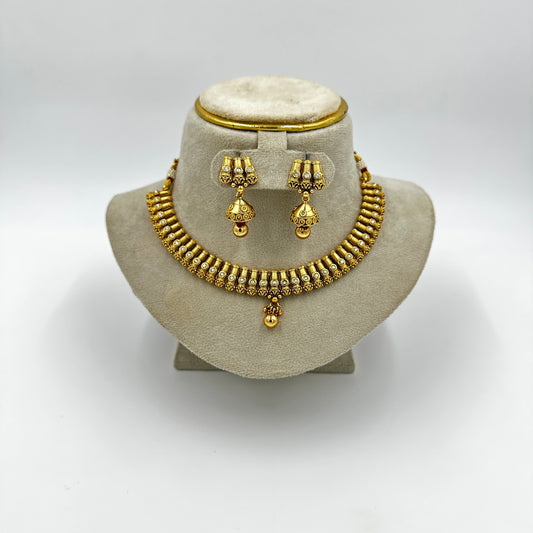 Traditional Gold-Plated Choker Necklace Set with Jhumka Earrings – Antique Temple Jewelry Design