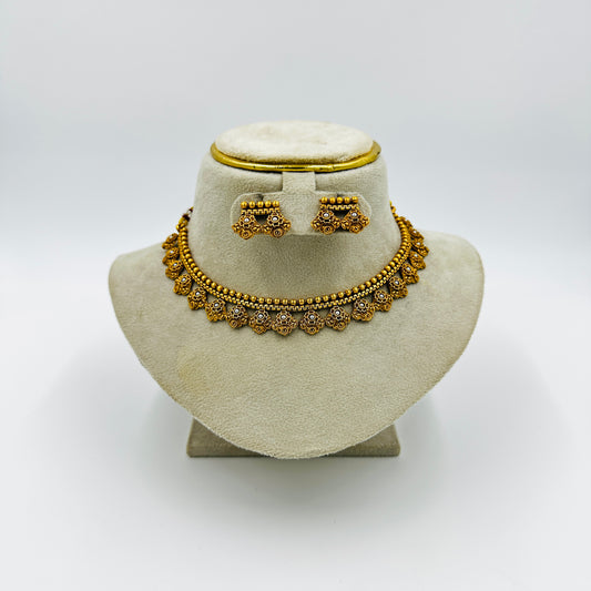 Antique Gold-Tone Necklace Set with Floral Design & Earrings – Traditional Ethnic Jewelry