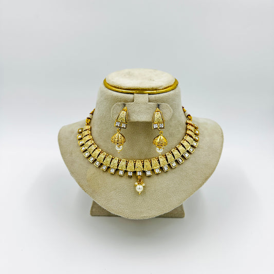 Gold-Plated Traditional Choker Necklace Set with Jhumka Earrings & Pearl Drops