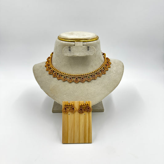 Traditional Antique Gold-Plated Necklace Set with Matching Earrings – Ethnic Temple Design
