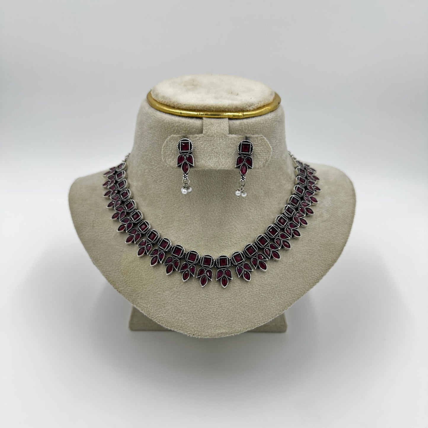 Ruby Red Stone Necklace Set with Matching Earrings – Traditional Oxidized Finish