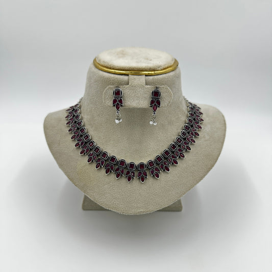 Ruby Red Stone Necklace Set with Matching Earrings – Traditional Oxidized Finish