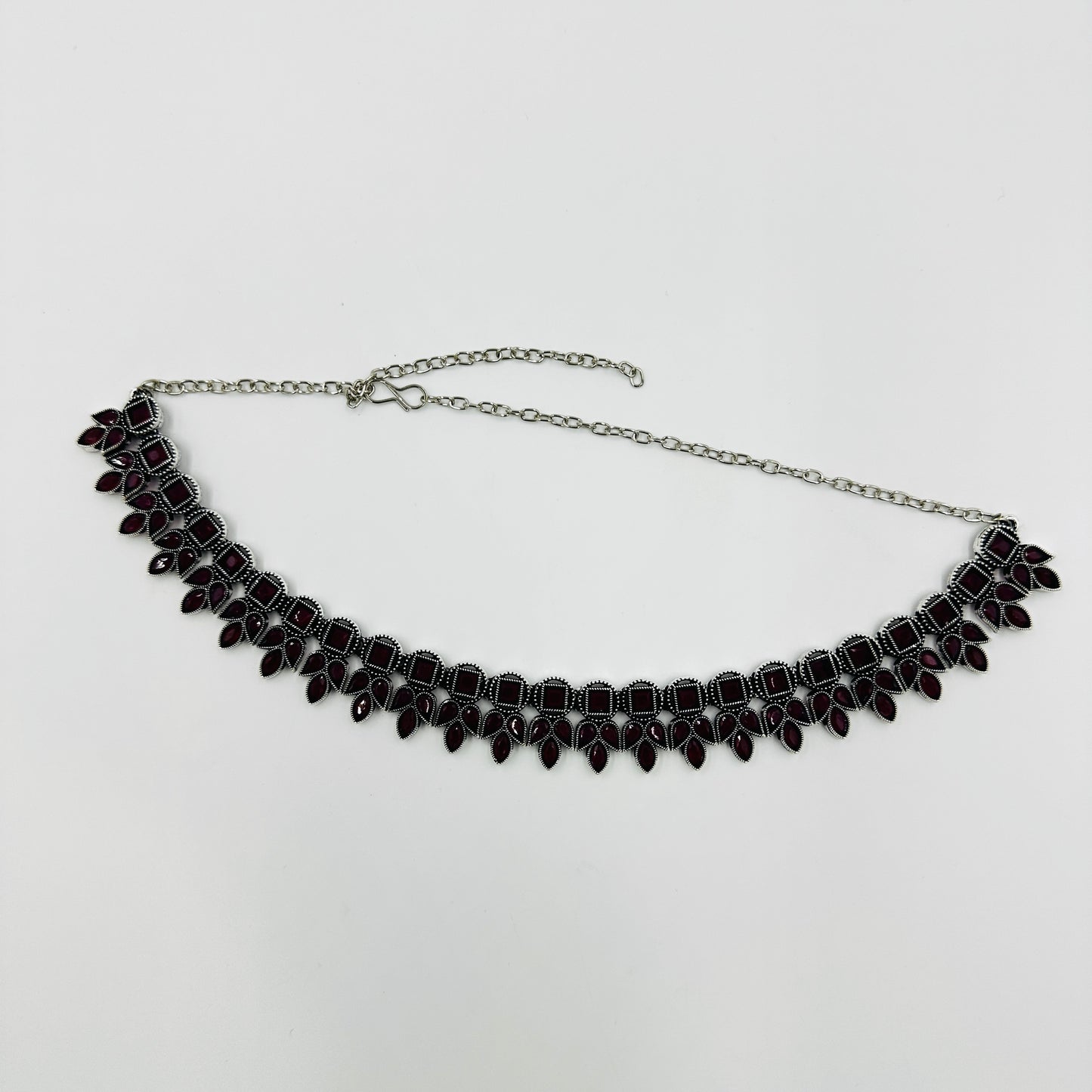 Ruby Red Stone Necklace Set with Matching Earrings – Traditional Oxidized Finish