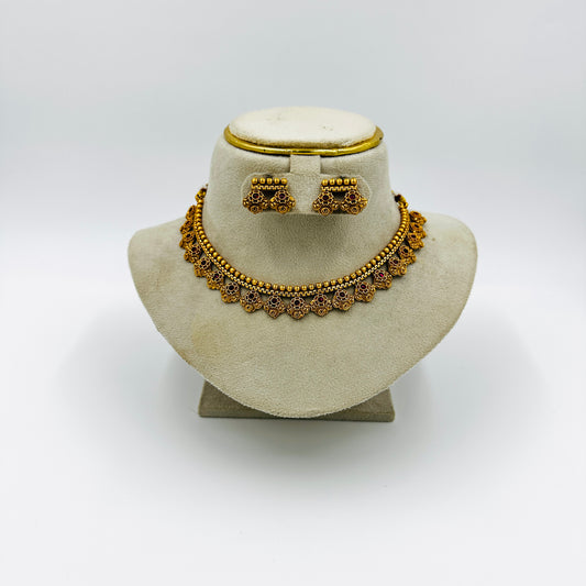 Antique Gold-Plated Floral Necklace Set with Earrings