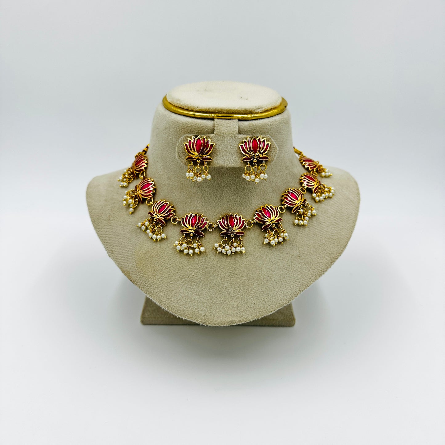 Lotus Motif Gold-Tone Necklace Set with Earrings & Pearls