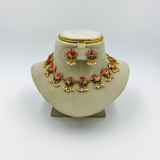 Lotus Motif Gold-Tone Necklace Set with Earrings & Pearls