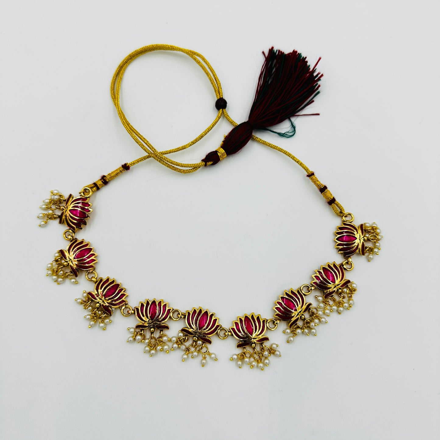 Lotus Motif Gold-Tone Necklace Set with Earrings & Pearls