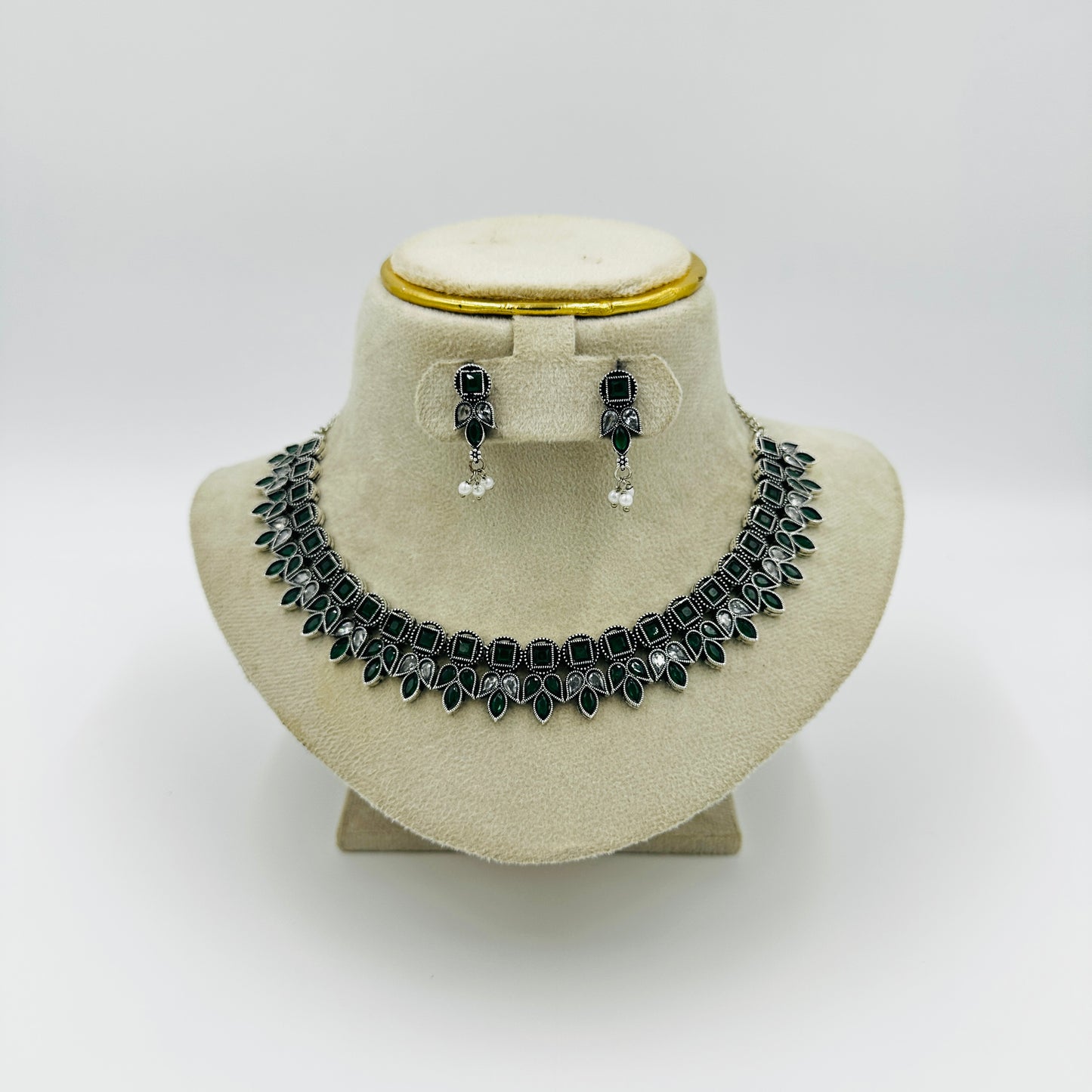 Traditional Oxidised Silver Green Stone Necklace Set with Matching Earrings