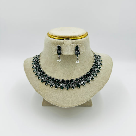Traditional Oxidised Silver Green Stone Necklace Set with Matching Earrings