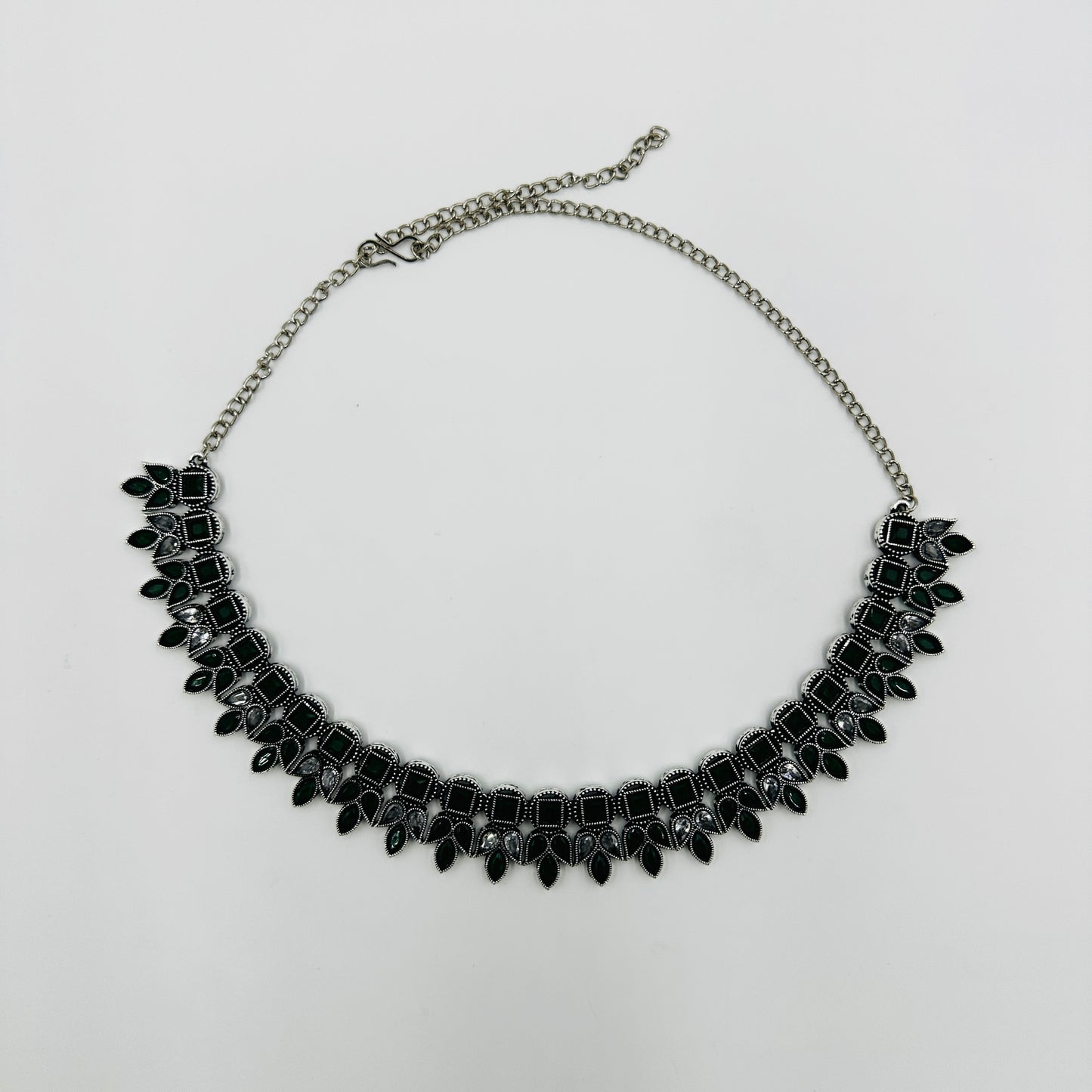 Traditional Oxidised Silver Green Stone Necklace Set with Matching Earrings