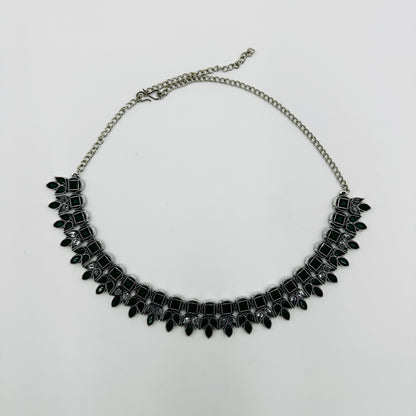 Traditional Oxidised Silver Green Stone Necklace Set with Matching Earrings