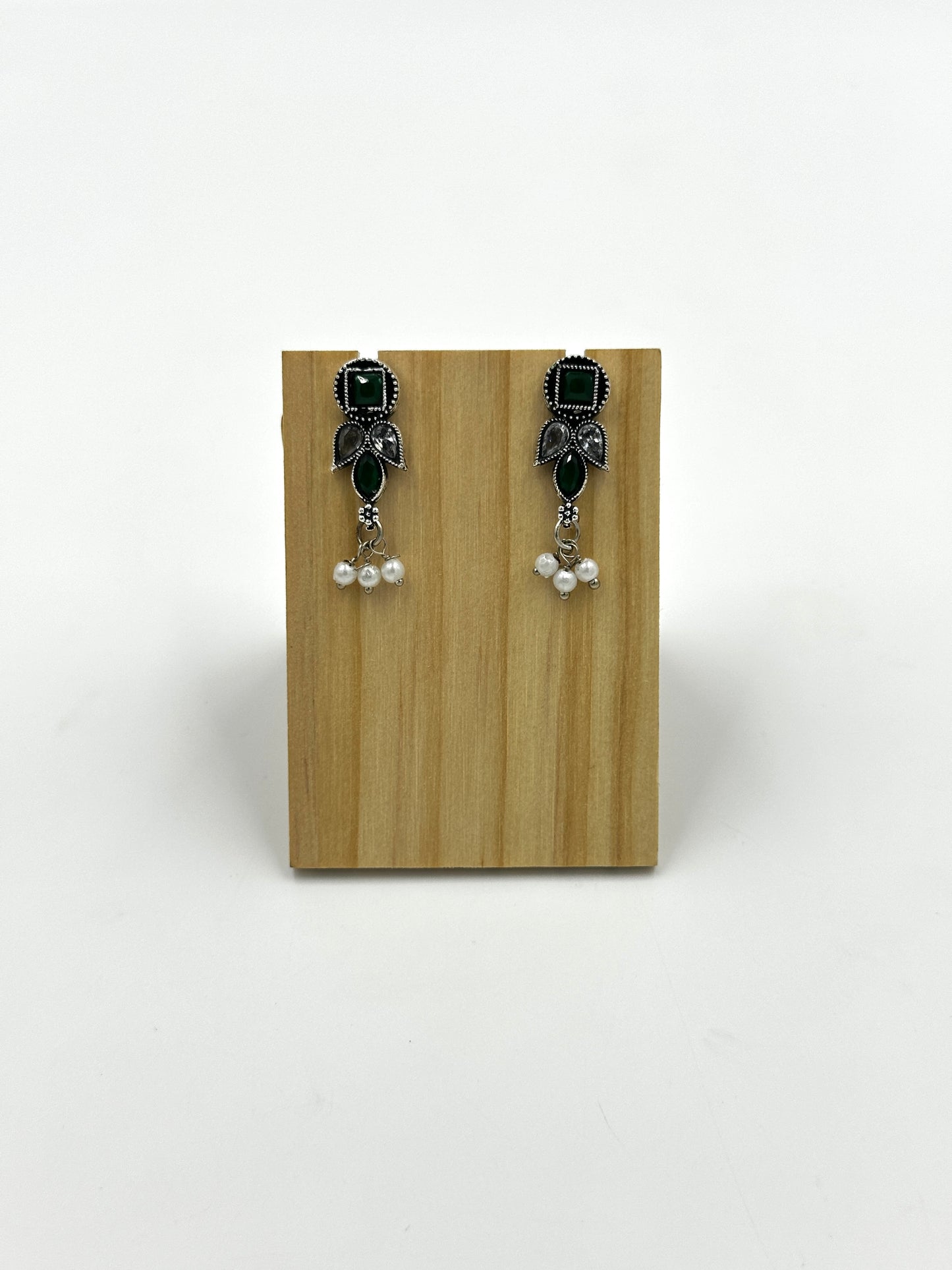 Traditional Oxidised Silver Green Stone Necklace Set with Matching Earrings